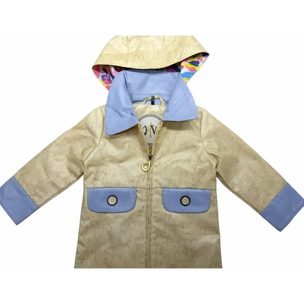 O2W Girls Raincoat Size 2/3 Beige Blue Hooded Floral Lined Trench Jacket